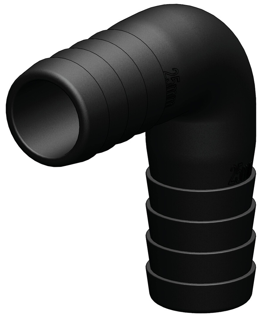 Kulmaliitin 25 mm, 90 astetta, mustaa muovia 
