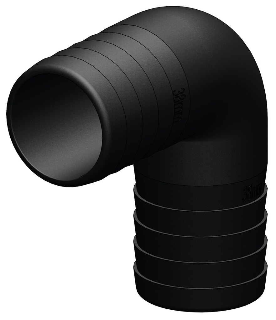 Kulmaliitin 38 mm, 90 astetta, musta muovi 