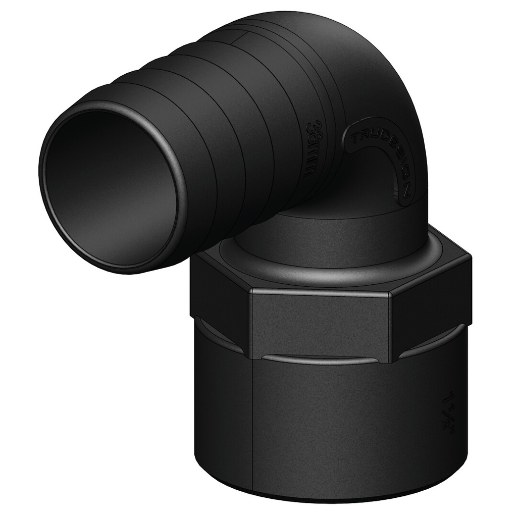 Letkukara 90°, 38 mm, 1 1/2" naaraskierre, musta